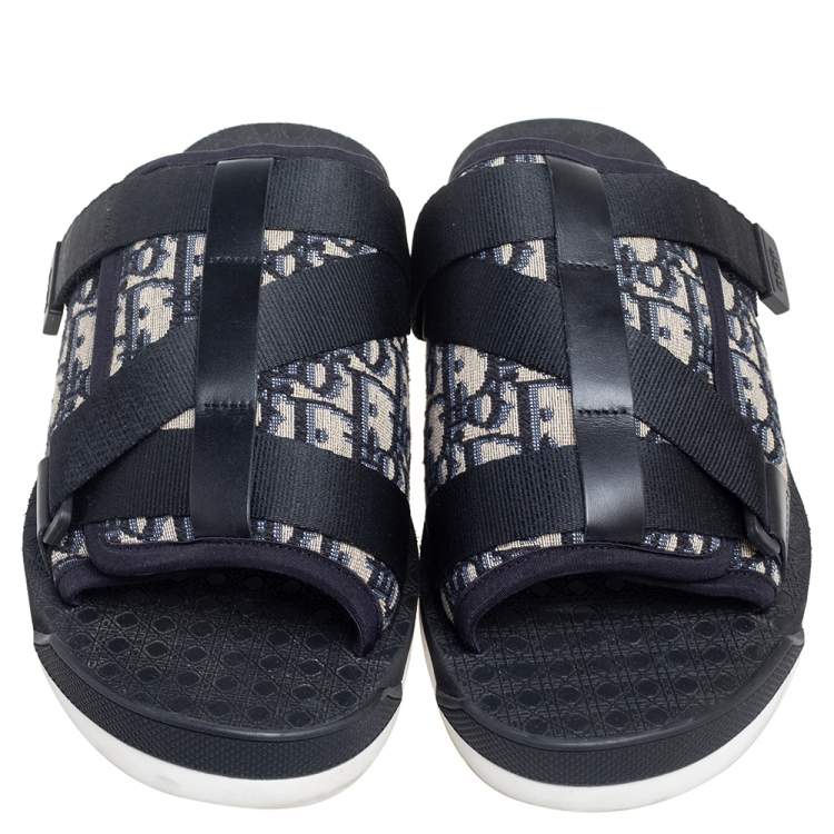 Pre Owned Dior Navy Blue Oblique Canvas Alpha Slide Flats Size 42