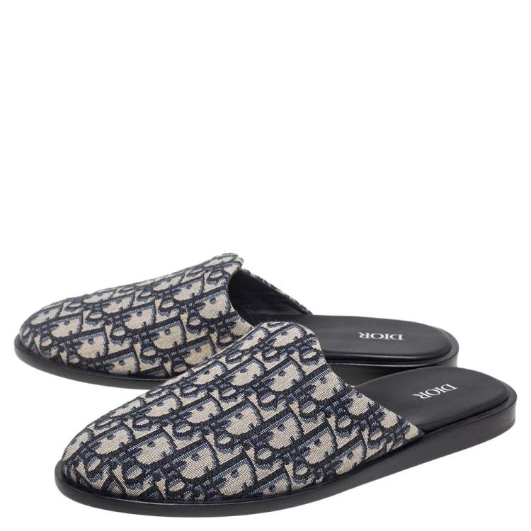 Pre Owned Dior Blue/Beige Oblique Embroidered Canvas Mules Size 42