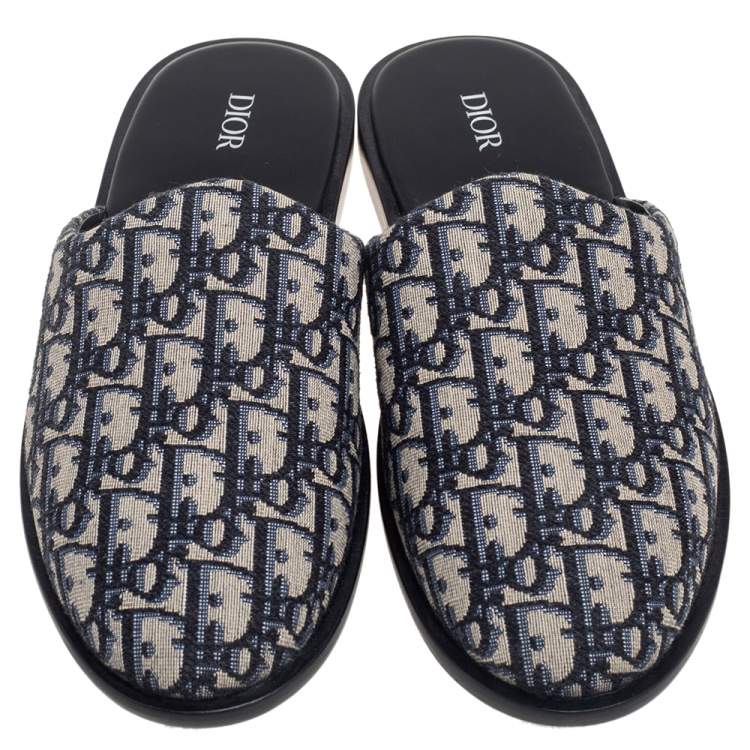 Pre Owned Dior Blue/Beige Oblique Embroidered Canvas Mules Size 42