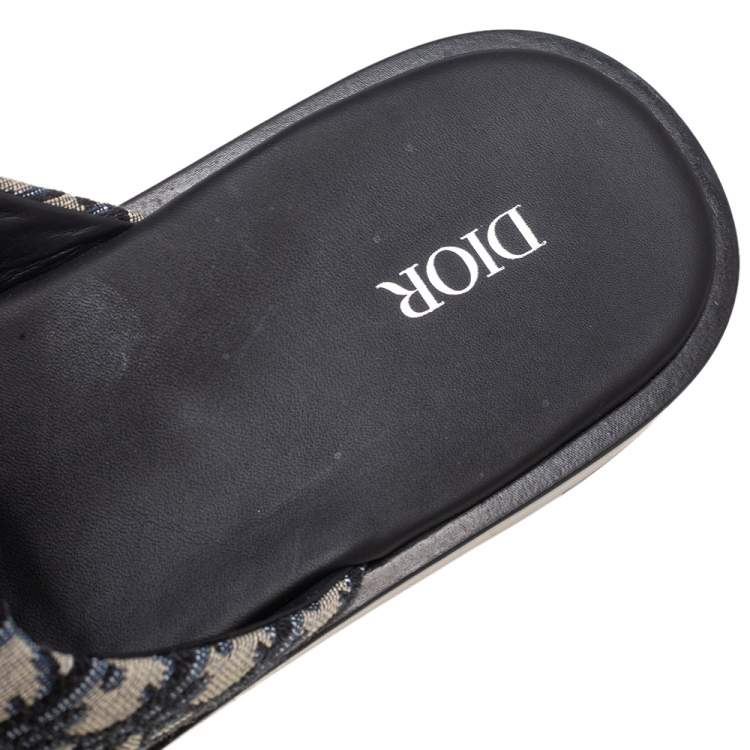 Pre Owned Dior Blue/Beige Oblique Embroidered Canvas Mules Size 42