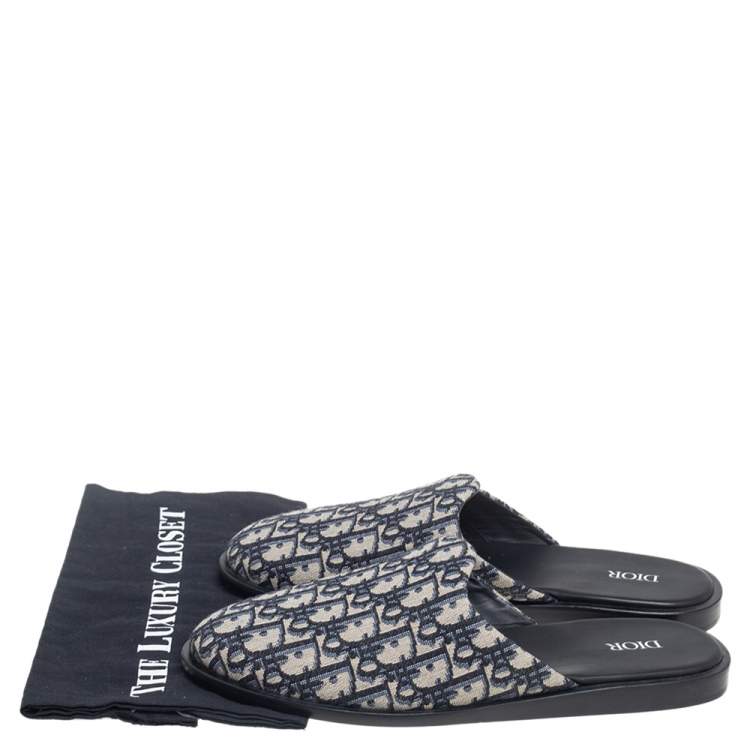 Pre Owned Dior Blue/Beige Oblique Embroidered Canvas Mules Size 42