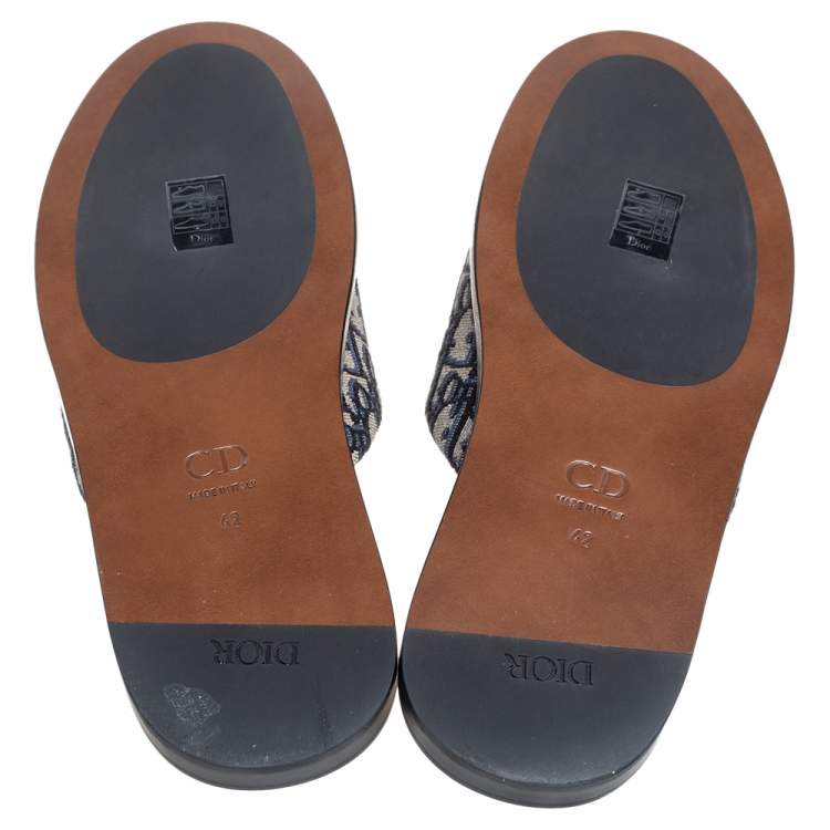 Pre Owned Dior Blue/Beige Oblique Embroidered Canvas Mules Size 42
