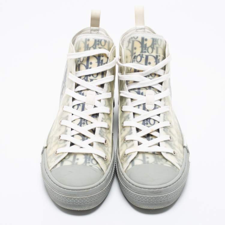 Pre Owned Dior White/Grey Oblique Mesh, PVC and Rubber B23 High-Top Sneakers Size 43