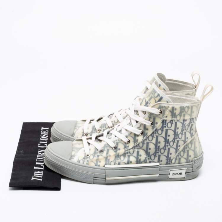 Pre Owned Dior White/Grey Oblique Mesh, PVC and Rubber B23 High-Top Sneakers Size 43