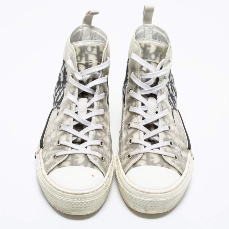 Pre Owned Dior White/Grey Oblique Mesh And Rubber B23 High Top Sneakers Size 43