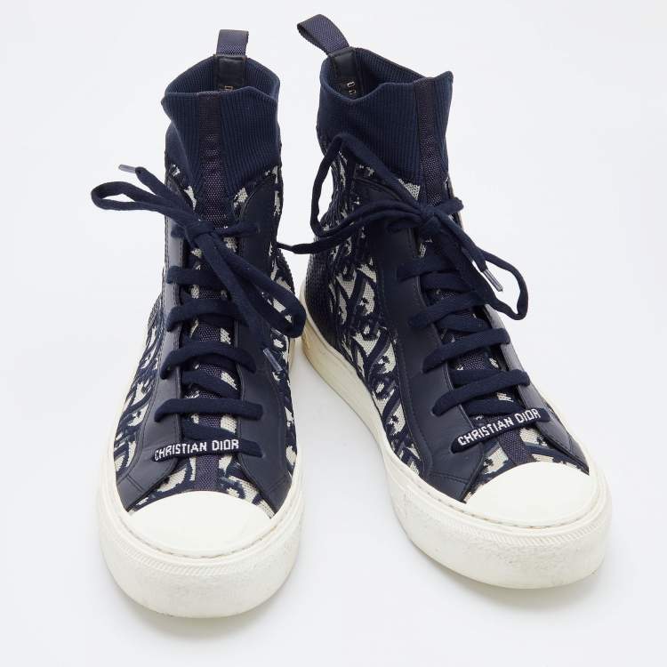Pre Owned Dior Navy Blue/White Oblique Knit Fabric and Leather Walk'n'Dior High Top Sneakers Size 40