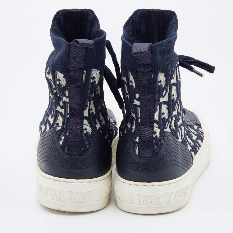 Pre Owned Dior Navy Blue/White Oblique Knit Fabric and Leather Walk'n'Dior High Top Sneakers Size 40