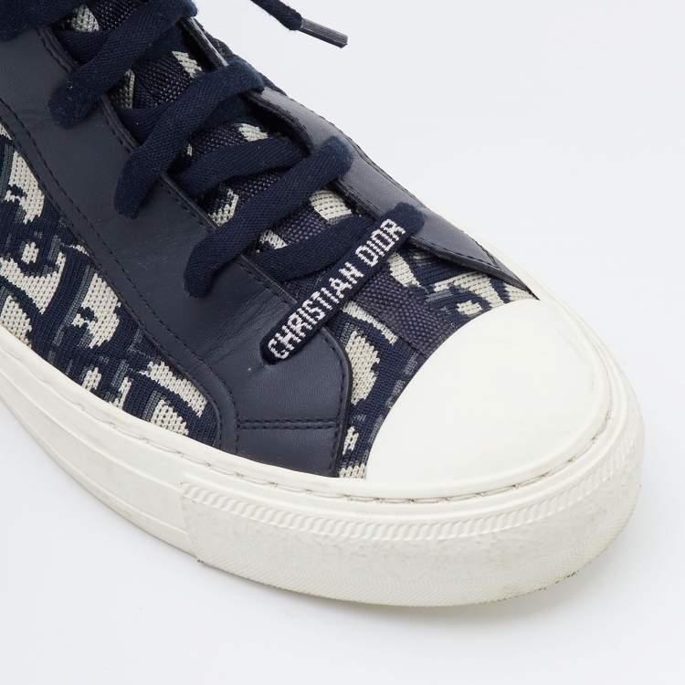 Pre Owned Dior Navy Blue/White Oblique Knit Fabric and Leather Walk'n'Dior High Top Sneakers Size 40