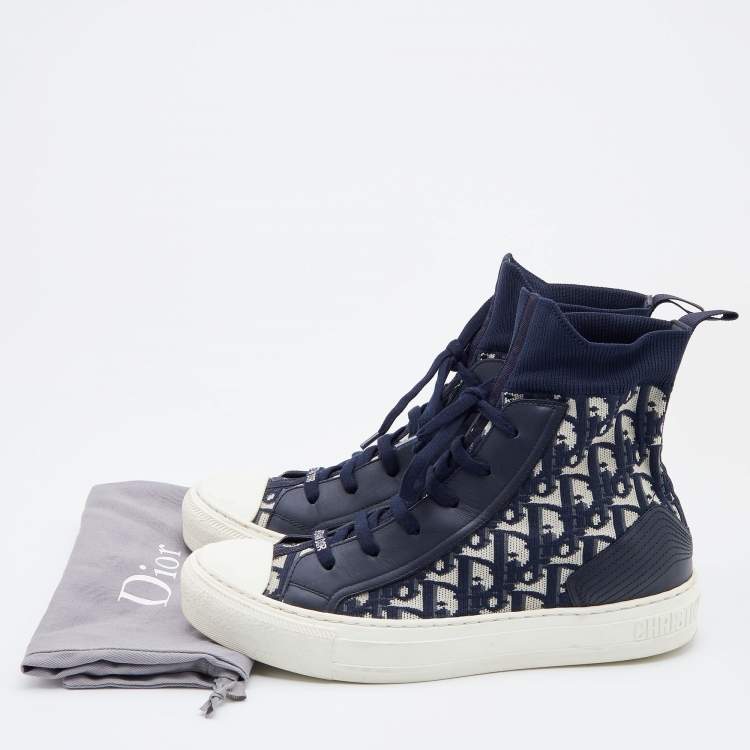 Pre Owned Dior Navy Blue/White Oblique Knit Fabric and Leather Walk'n'Dior High Top Sneakers Size 40