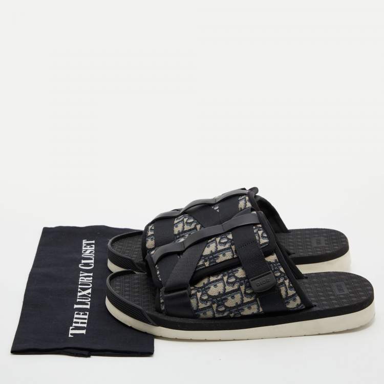 Pre Owned Dior Navy Blue/Black Oblique Canvas Alpha Slide Flats Size 46