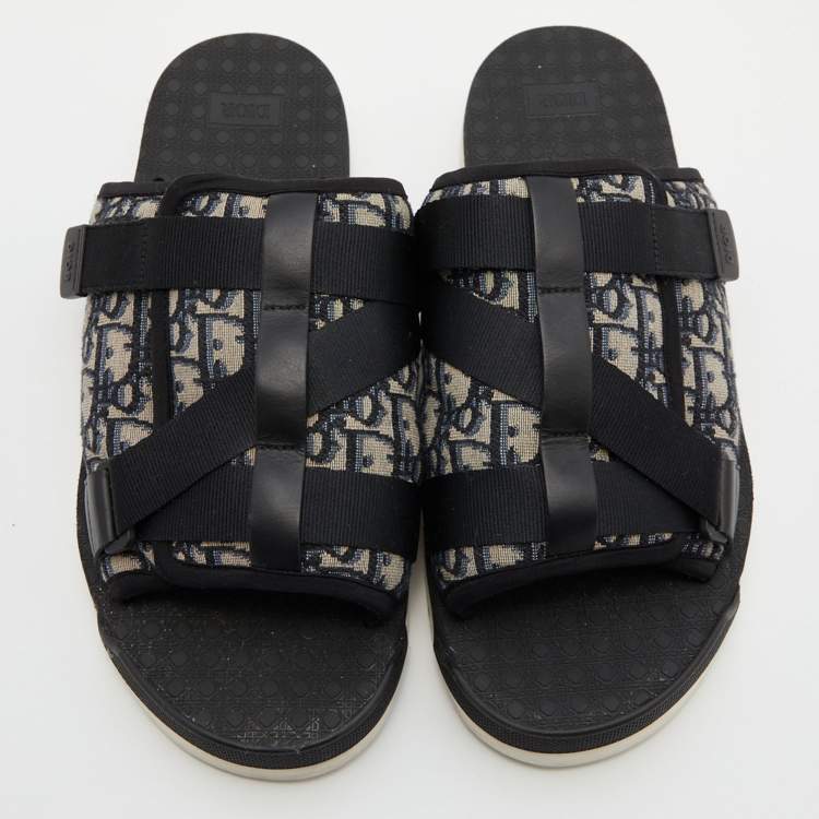 Pre Owned Dior Navy Blue/Black Oblique Canvas Alpha Slide Flats Size 46