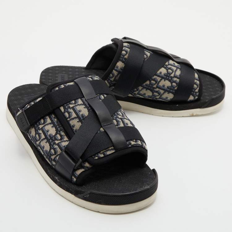 Pre Owned Dior Navy Blue/Black Oblique Canvas Alpha Slide Flats Size 46