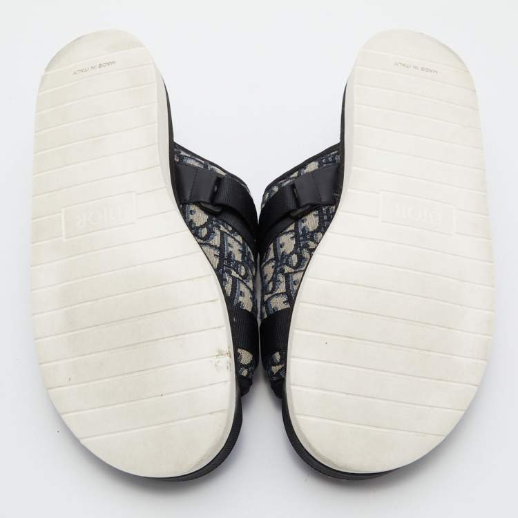 Pre Owned Dior Navy Blue/Black Oblique Canvas Alpha Slide Flats Size 46