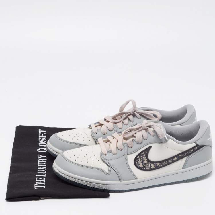 Pre Owned Dior x Jordan Grey/White Leather Jordan 1 Low Top Sneakers Size 44