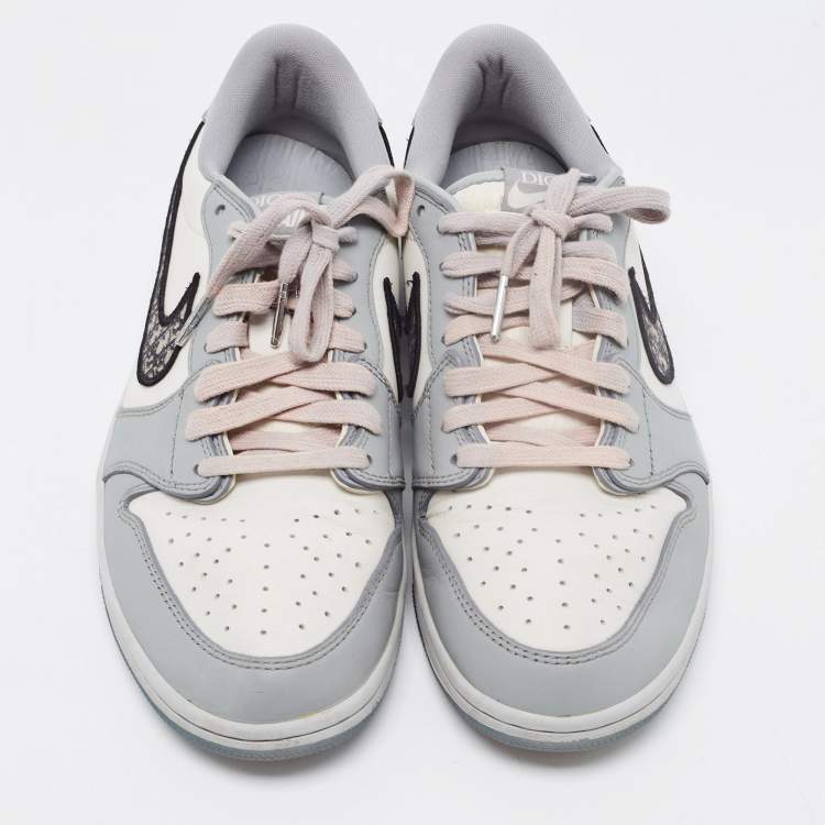 Pre Owned Dior x Jordan Grey/White Leather Jordan 1 Low Top Sneakers Size 44