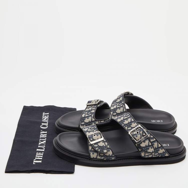 Pre Owned Dior Blue/Black Oblique Canvas and Leather Aqua Slides Size 45