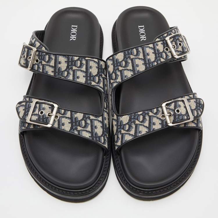 Pre Owned Dior Blue/Black Oblique Canvas and Leather Aqua Slides Size 45