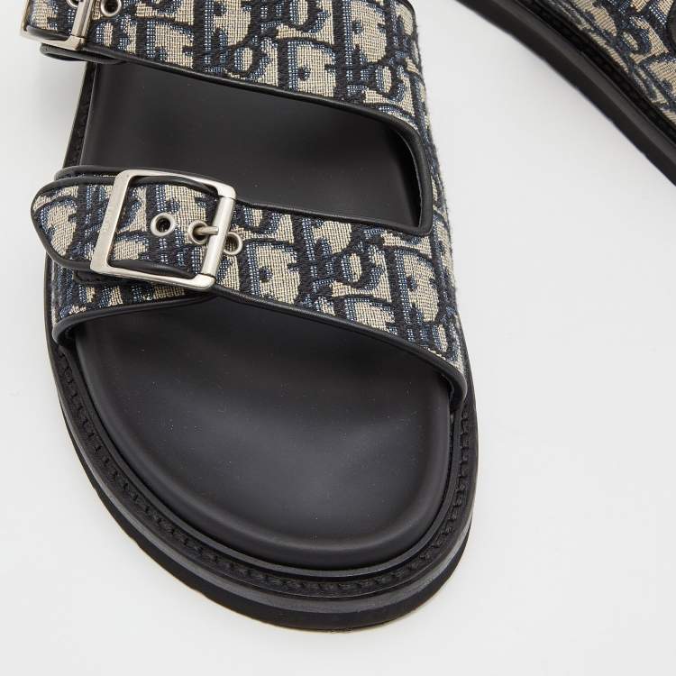 Pre Owned Dior Blue/Black Oblique Canvas and Leather Aqua Slides Size 45