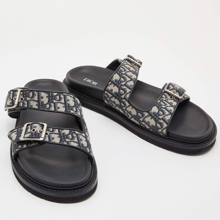 Pre Owned Dior Blue/Black Oblique Canvas and Leather Aqua Slides Size 45