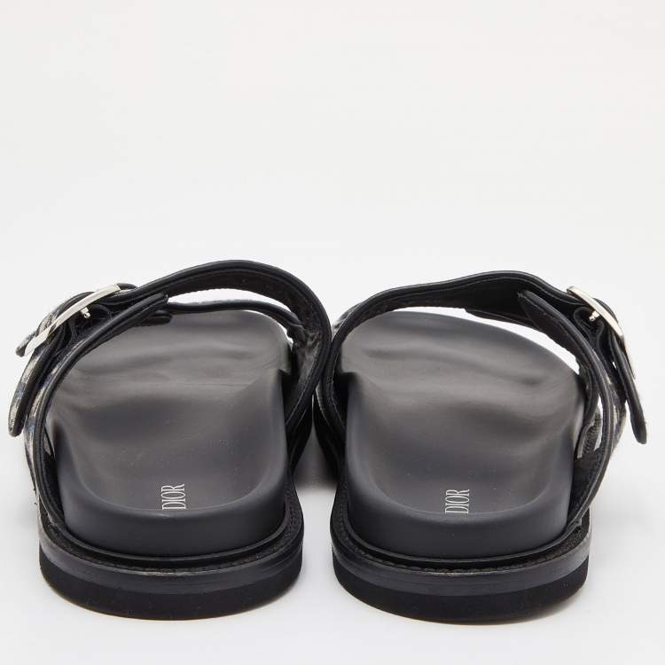 Pre Owned Dior Blue/Black Oblique Canvas and Leather Aqua Slides Size 45