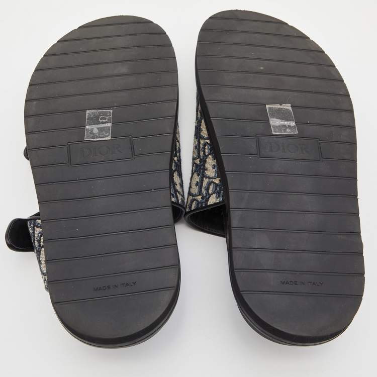 Pre Owned Dior Blue/Black Oblique Canvas and Leather Aqua Slides Size 45