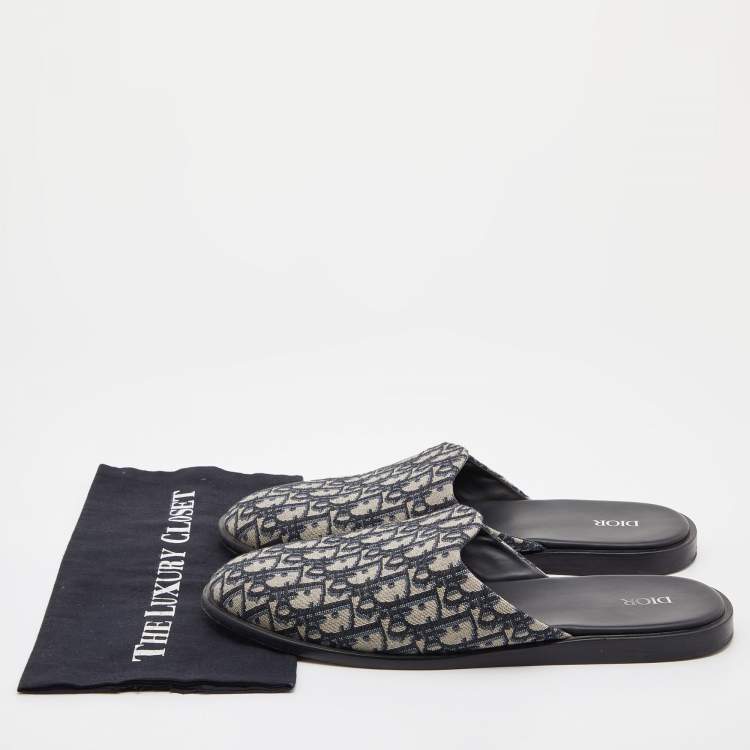 Pre Owned Dior Blue/Beige Oblique Embroidered Canvas Mules Size 45