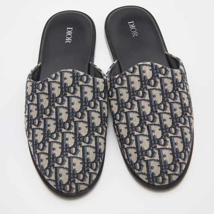 Pre Owned Dior Blue/Beige Oblique Embroidered Canvas Mules Size 45