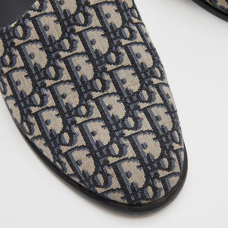 Pre Owned Dior Blue/Beige Oblique Embroidered Canvas Mules Size 45