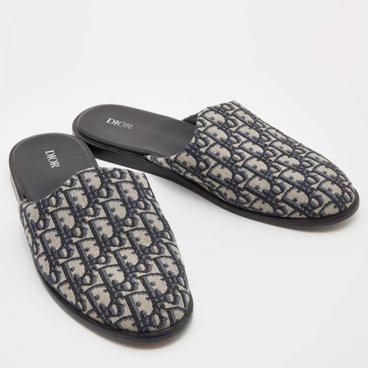 Pre Owned Dior Blue/Beige Oblique Embroidered Canvas Mules Size 45
