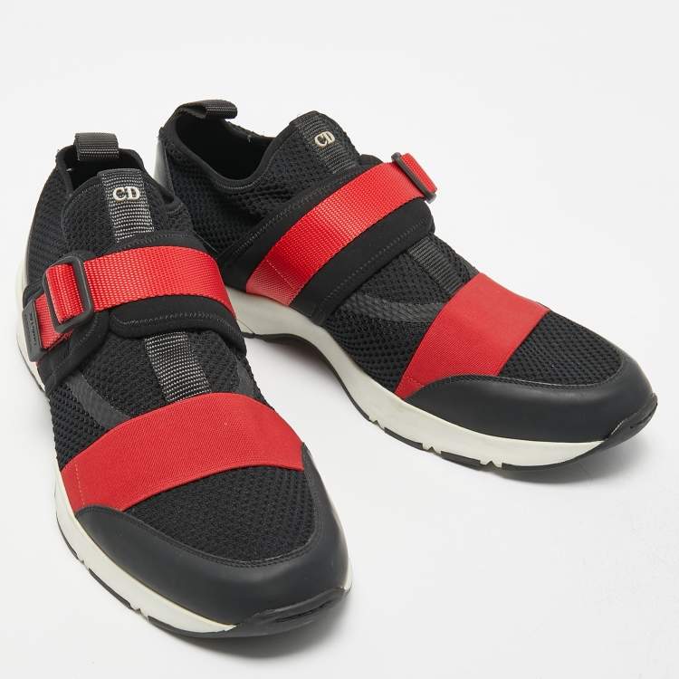 Pre Owned Dior Homme Black/Red Knit Fabric and Leather B21 Low Top Sneakers Size 46