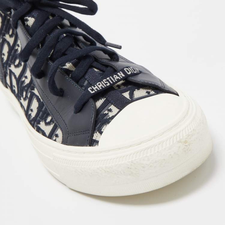 Pre Owned Dior Navy Blue Leather and Fabric Walk n Dior High Top Sneakers Size 41.5