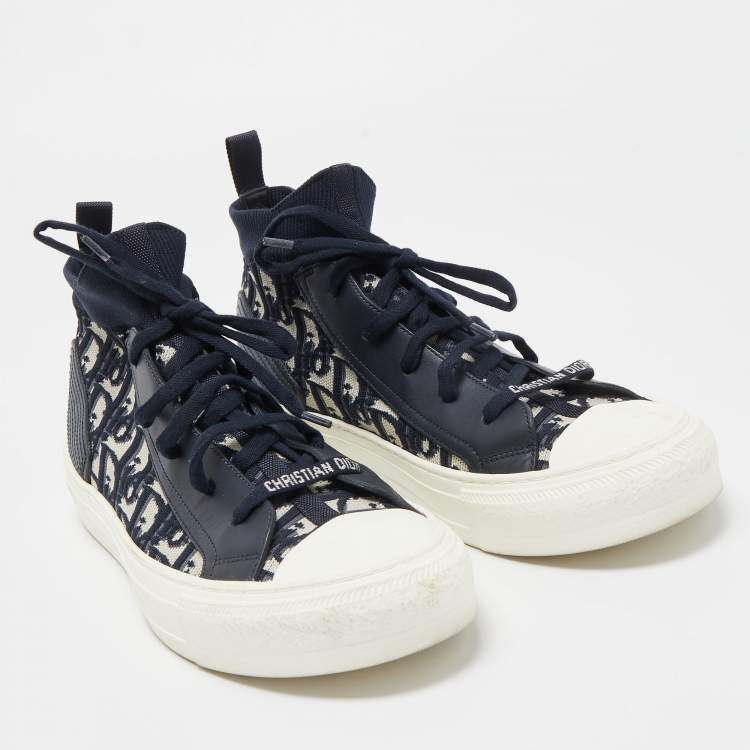 Pre Owned Dior Navy Blue Leather and Fabric Walk n Dior High Top Sneakers Size 41.5