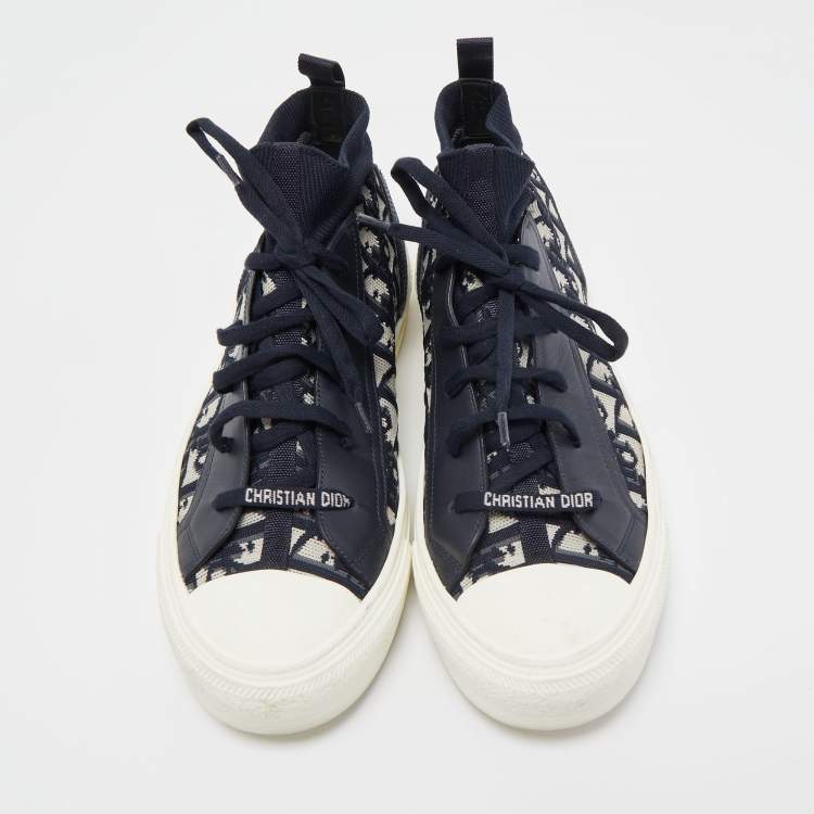 Pre Owned Dior Navy Blue Leather and Fabric Walk n Dior High Top Sneakers Size 41.5