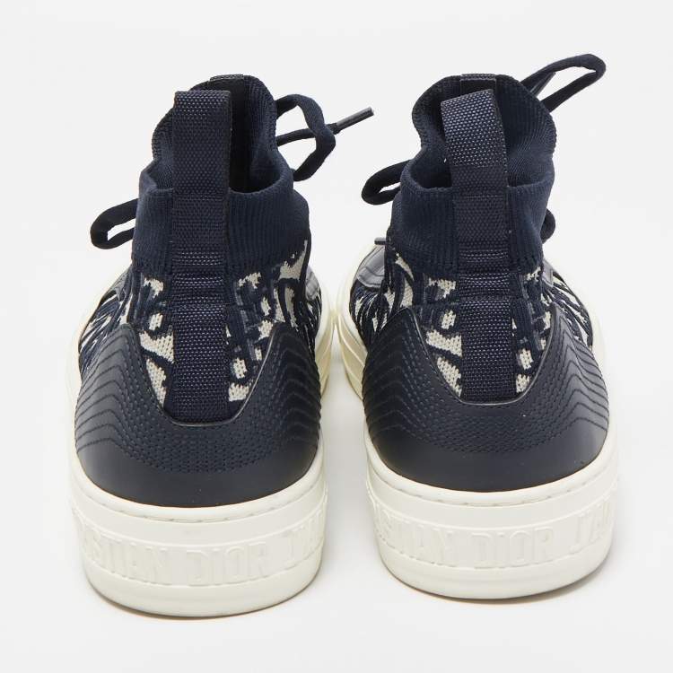 Pre Owned Dior Navy Blue Leather and Fabric Walk n Dior High Top Sneakers Size 41.5