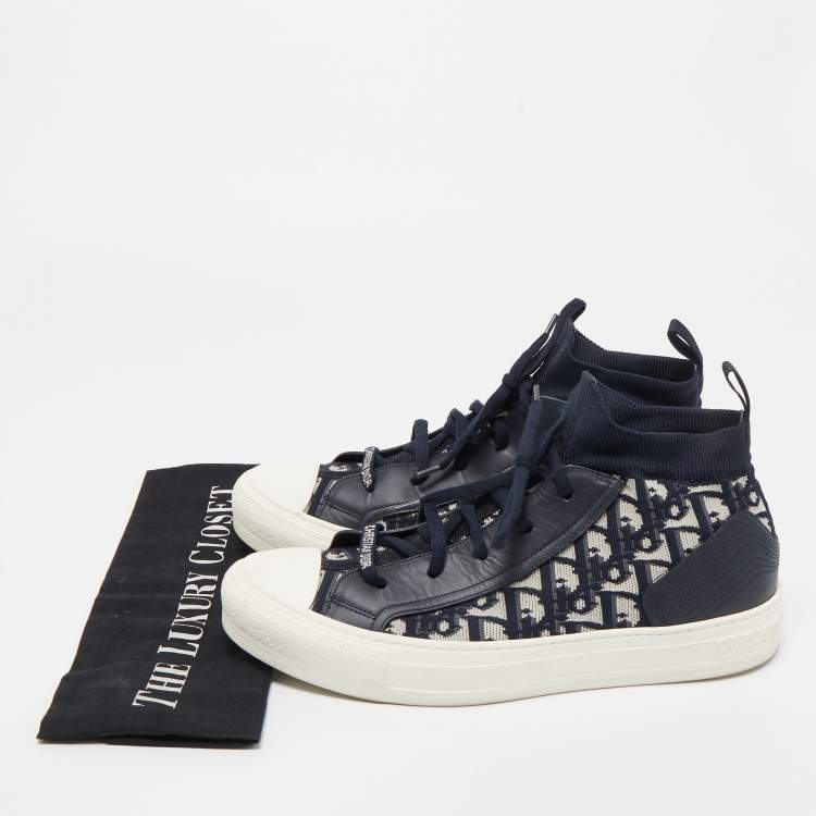 Pre Owned Dior Navy Blue Leather and Fabric Walk n Dior High Top Sneakers Size 41.5