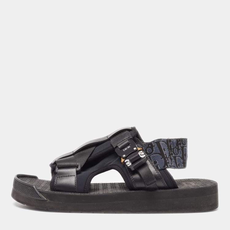 Pre Owned Dior Black/Navy Blue Leather and Oblique Canvas Sandals Size 40