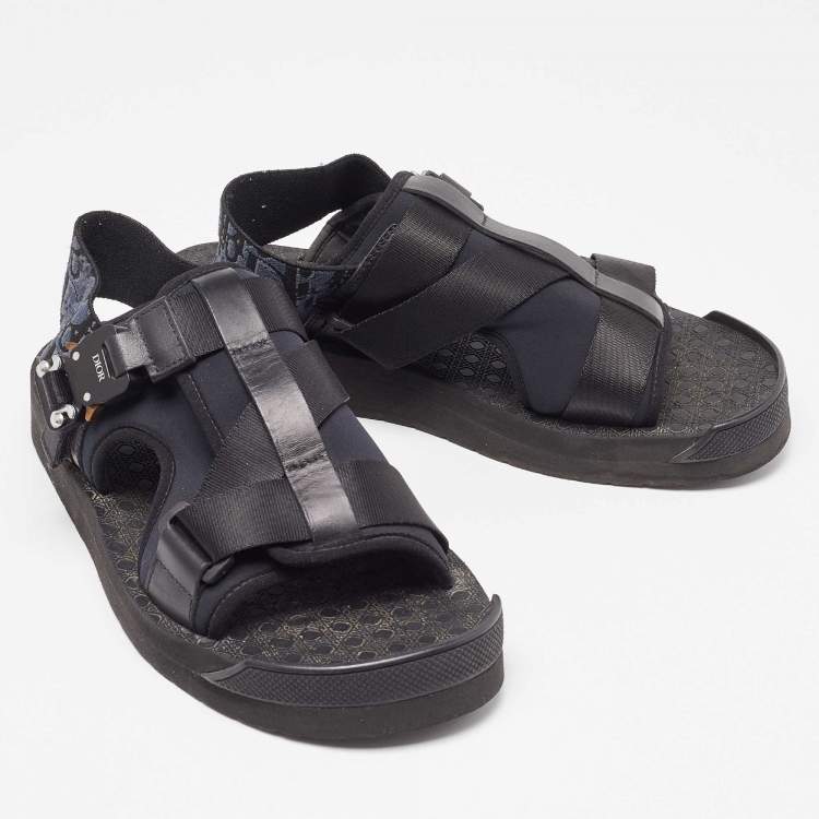 Pre Owned Dior Black/Navy Blue Leather and Oblique Canvas Sandals Size 40