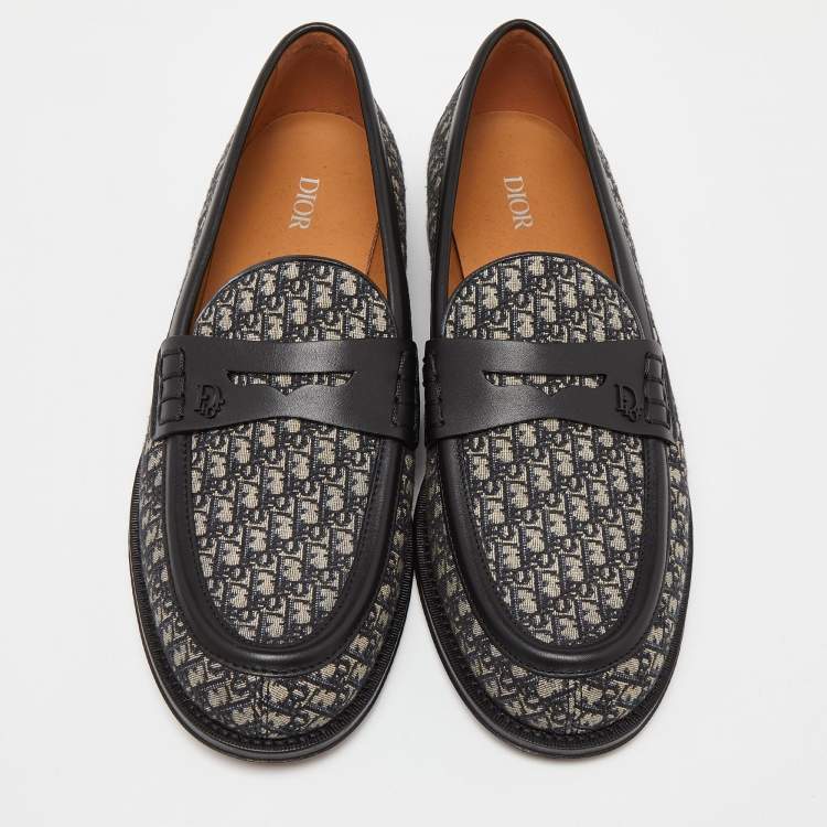 Pre Owned Dior Black/Blue Oblique Canvas and Leather Explorer Loafers Size 44