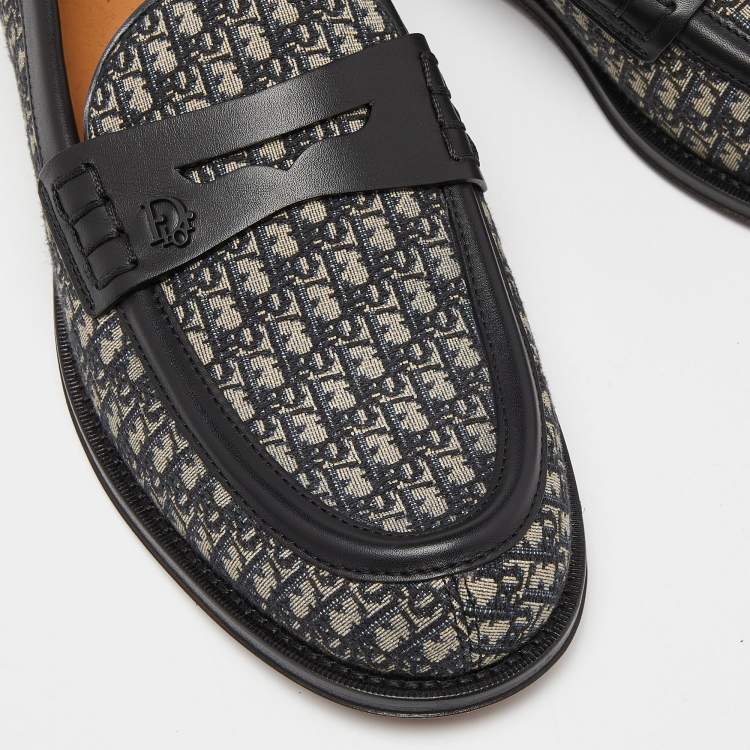 Pre Owned Dior Black/Blue Oblique Canvas and Leather Explorer Loafers Size 44