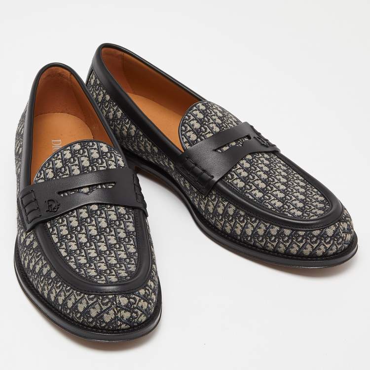 Pre Owned Dior Black/Blue Oblique Canvas and Leather Explorer Loafers Size 44