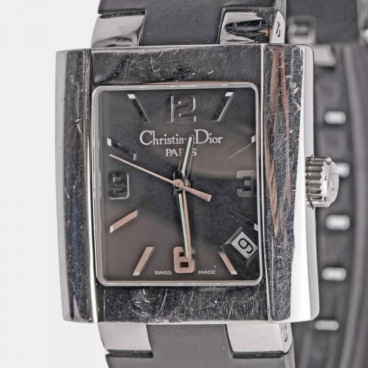 Pre Owned Christian Dior Black Stainless Steel Rubber Riva D101-100 Women's Wristwatch 31 mm