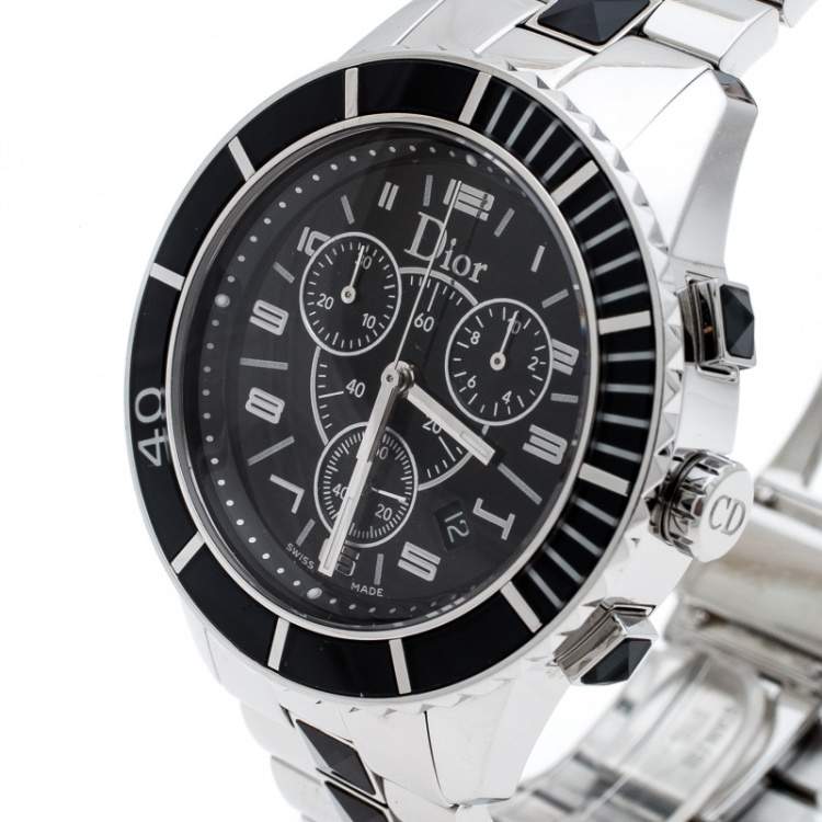 Pre Owned Dior Black Stainless Steel Christal CD14317 Men's Wristwatch 38 mm