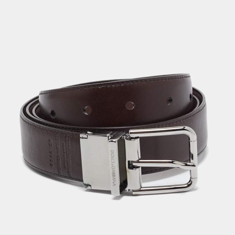 Pre Owned Dolce & Gabbana Brown Leather Reversible Buckle Belt 105 CM