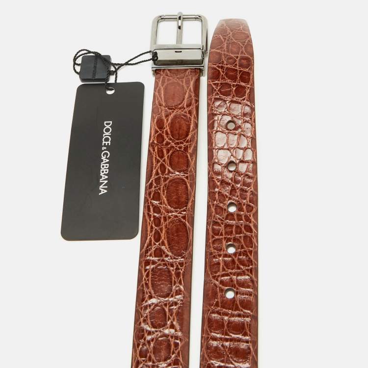 Pre Owned Dolce & Gabbana Brown Crocodile Leather Buckle Belt 105 CM