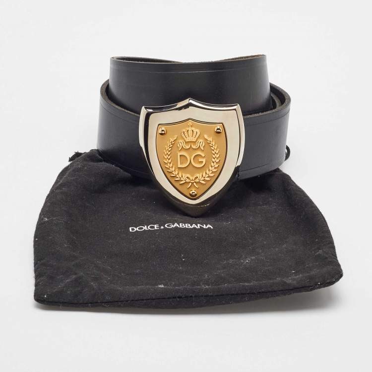 Pre Owned Dolce & Gabbana Black Leather Shield Logo Plaque Belt 95CM