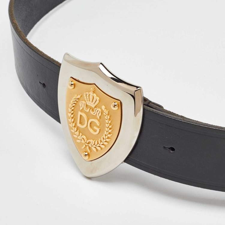 Pre Owned Dolce & Gabbana Black Leather Shield Logo Plaque Belt 95CM