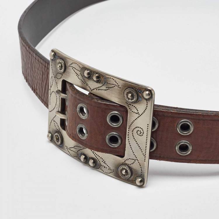 Pre Owned Dolce & Gabbana Brown Leather Big Buckle Belt 100CM