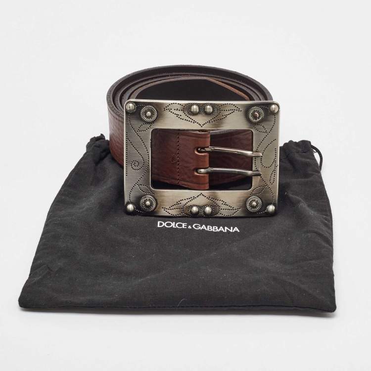Pre Owned Dolce & Gabbana Brown Leather Big Buckle Belt 100CM