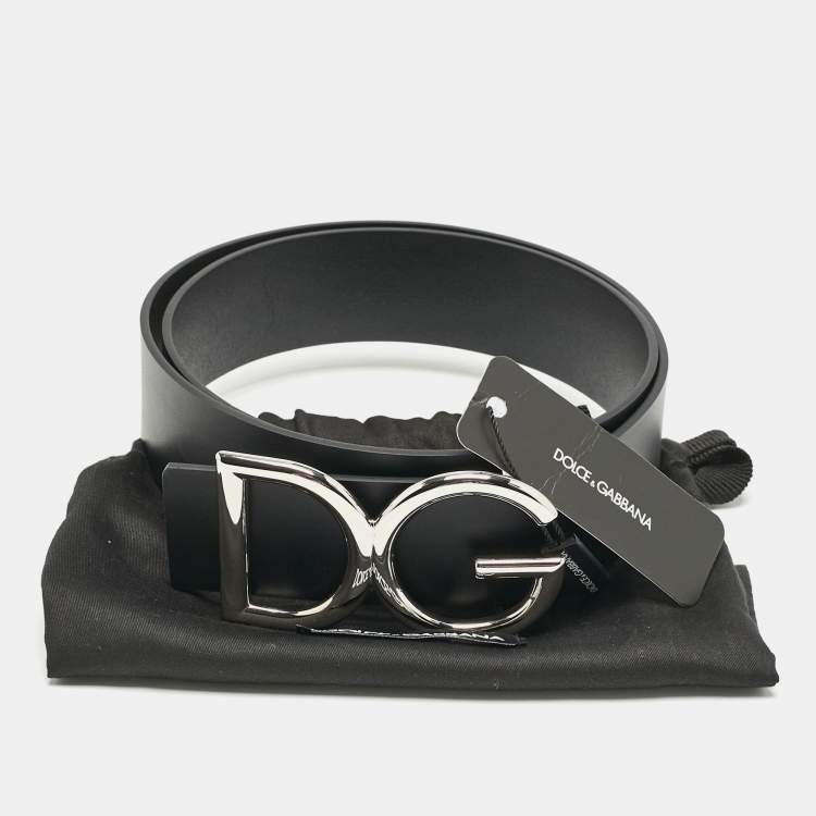 Pre Owned Dolce & Gabbana Black Leather DG Logo Buckle Belt 90CM