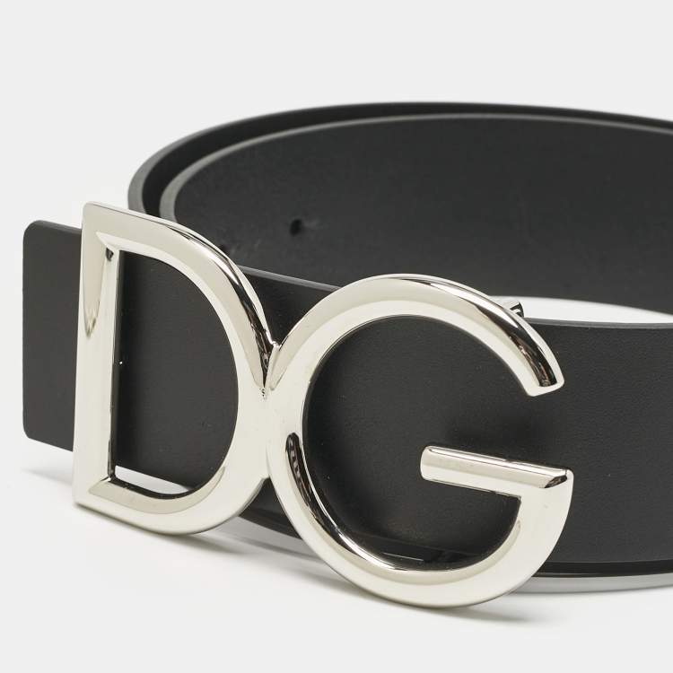 Pre Owned Dolce & Gabbana Black Leather DG Logo Buckle Belt 90CM